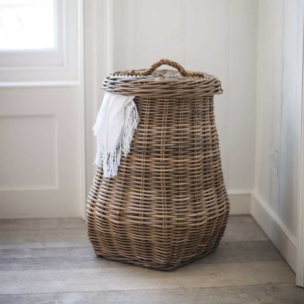 Panier à Linge en Osier Blanc avec Couvercle