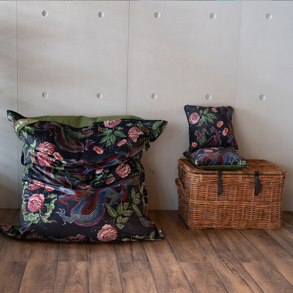 Coussin velours dragon et fleurs Coussin velours dragon et fleurs