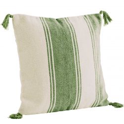 Coussin à pompons vert et beige