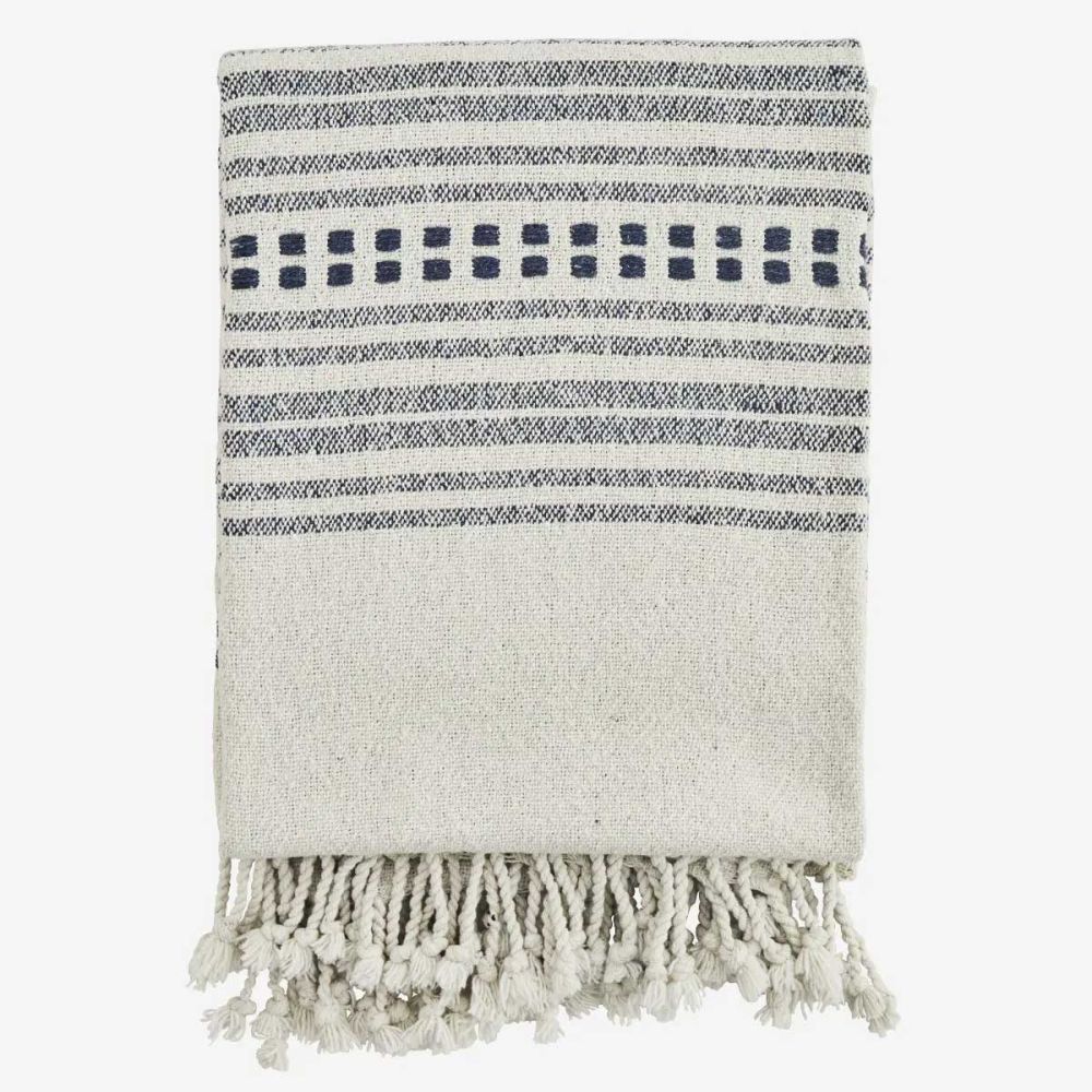 Jeté de lit en coton bleu et blanc cassé Jeté de lit en coton bleu et blanc cassé