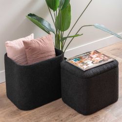 Pouf coffre carré noir en bouclettes