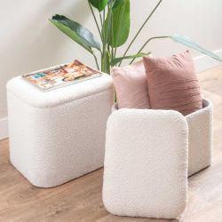 Pouf coffre carré blanc cassé en bouclettes