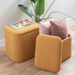 Pouf coffre carré jaune ocre en bouclettes